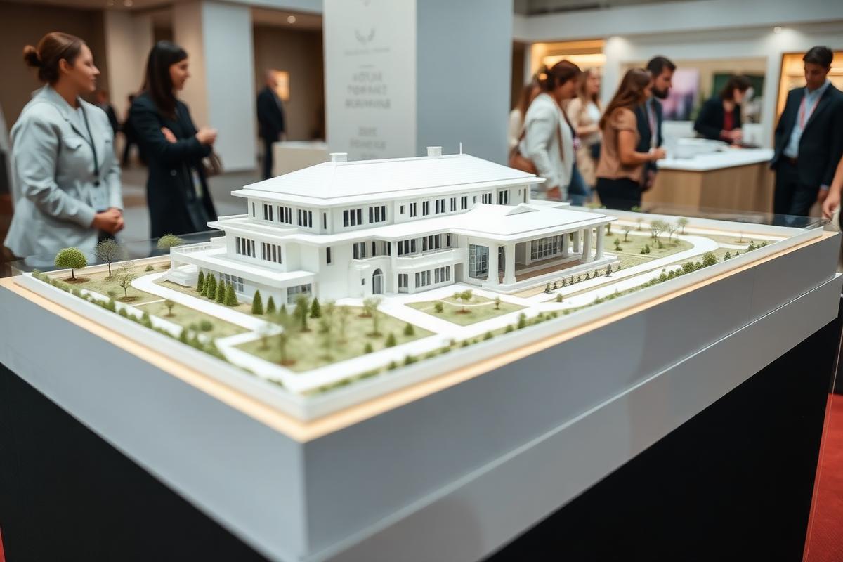 ماكيت معماري لمشروع سكني معروض على منصة